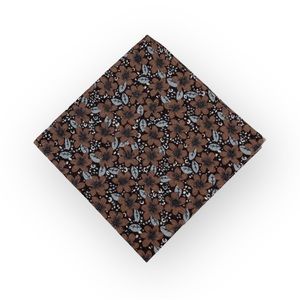 Espresso Brown Whimsical Floral Print Pocket Square Brushed Cotton Handkerchief